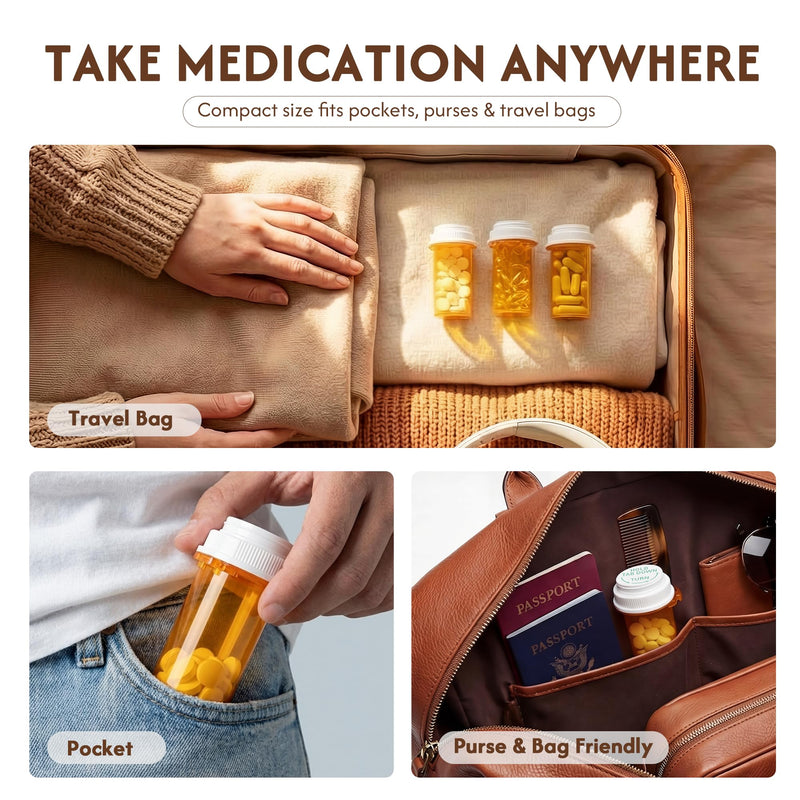 Zoeynex 8-Pack 20DR Amber Pill Bottles, Reversible Child-Resistant Caps | 75mL PP5 plastic vials, 16 writable labels, travel bottles for tablets, capsules, vitamins, supplements and small items 20 Dram (8 Pack)