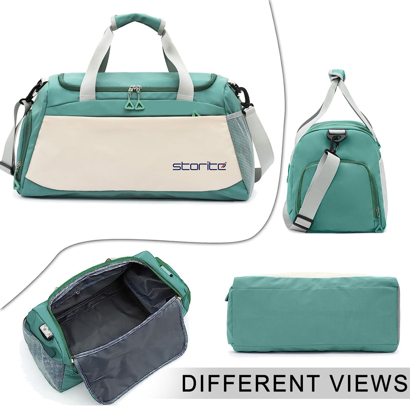 Storite Travel Duffle Bag with Shoe Compartment, Green/White, 51x22x28 cm | Water Resistant Nylon, Lightweight, Multi-Pocket, Wet Pocket, Adjustable Shoulder Strap, Travel, Gym, Weekend Trips