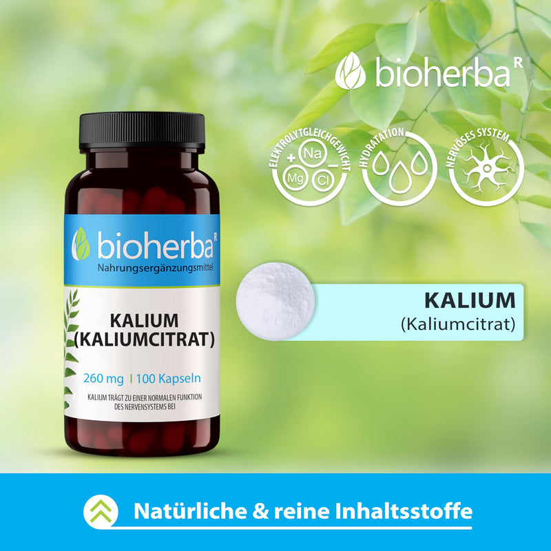 [Australia] - High-dose potassium - 260 mg potassium citrate per capsule, 100 capsules from BIOHERBA for optimal electrolyte balance and natural vitality 