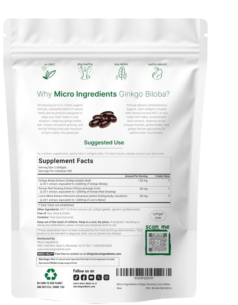 [Australia] - Micro Ingredients ÔªøÔªøGinkgo Biloba & Ginseng 5,600mg Equivalent, 400 Softgels | 6 Month Supply | Triple Strength Ginko Biloba & Lions Mane Memory Supplement for Brain, Mood, & Cognitive Health* 