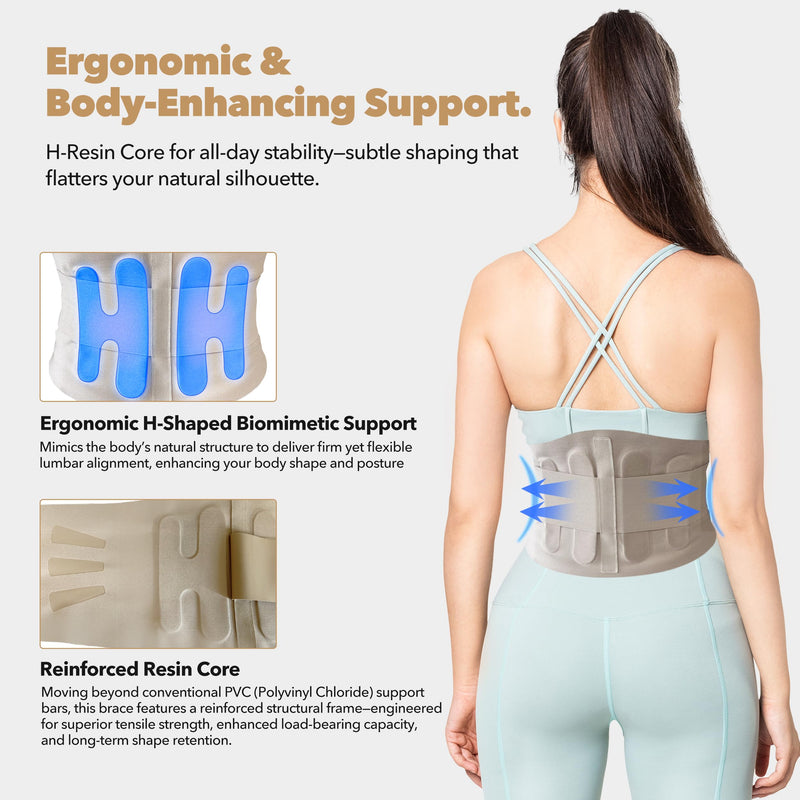[Australia] - Slim Fit Lower Back Brace – Ultra-Thin Ergonomic H-Shaped Resin Support, Seamless Design for Strong & Comfortable Lumbar Support, Lightweight & Discreet Back Brace (Beige, Large) Beige 