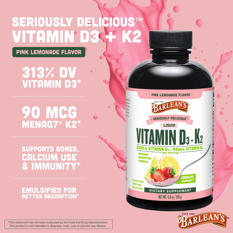 Barlean's Pink Lemonade Liquid Vitamin D3 + K2, 5000 IU, 5.6oz, 2-Pack | Smooth liquid, 5,000 IU vitamin D3 with K2, Non-GMO, Gluten-free, For kids & adults, Bone, heart & immune support