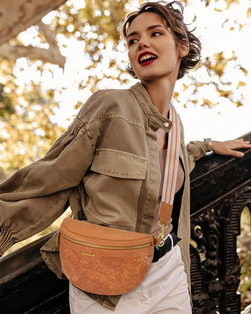 LOVEVOOK Fanny Packs for Women Cross Body, Vegan Leather Belt Bag for Women, Waterproof Sling Purse Fashion Waist Pack Designer Chest Bum Bag with Boho Style Strap M Embossed Brown
