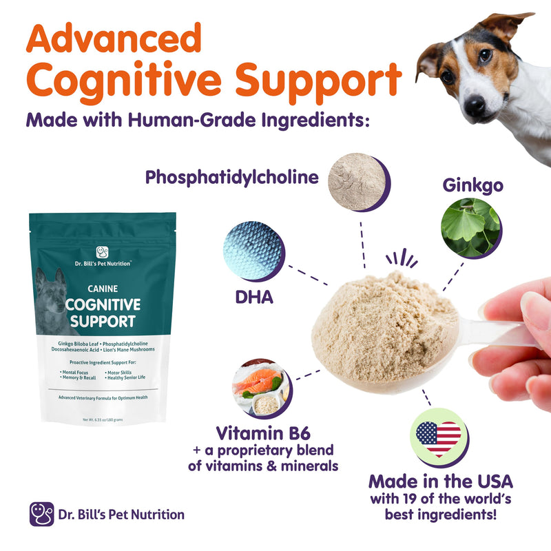 Dr. Bill’s Canine Cognitive Support | Memory Support Supplement Multivitamin for Dogs | Contains Gingko Biloba, L-Carnosine, Vitamin B-12, L-Glutamine, L-Tyrosine, and DHA for Adult and Senior Dog - PawsPlanet Australia