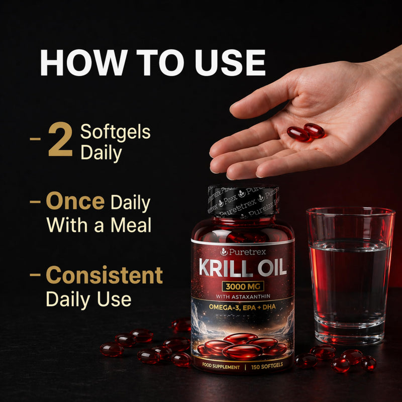 Puretrex Krill Oil 3000mg 150 Softgels Made in UK – Omega 3 EPA DHA with Astaxanthin & Phospholipids, High Absorption, No Fishy Aftertaste, Heart Brain Joint Eye Support