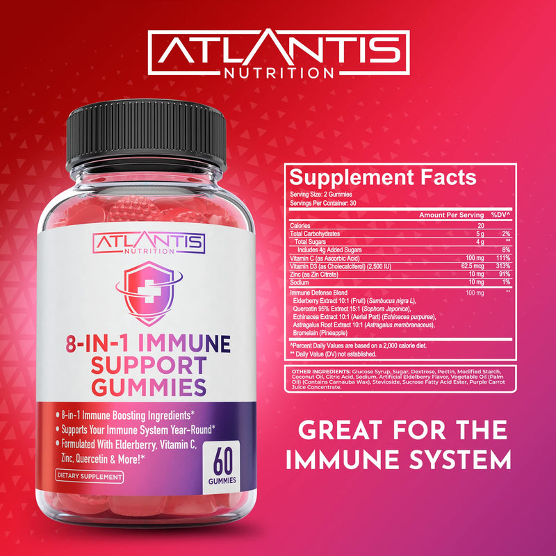 Atlantis Nutrition 8-in-1 Immune Support Gummies with Elderberry | Immune Supplement with Elderberry, Quercetin, Zinc, Vitamin C - Immunity Boosters for Adults & Kids - Delicious Flavor - 60 Count 60 Count (Pack of 1)