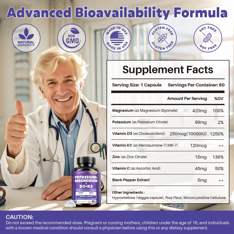 [Australia] - Magnesium Potassium Vitamin D3 K2 10000IU Supplement - Supports Bone, Heart, Immune Health, Mood Balance & Energy for Women & Men - Enhanced Absorption, Non-GMO - 60 Capsules Capsule 