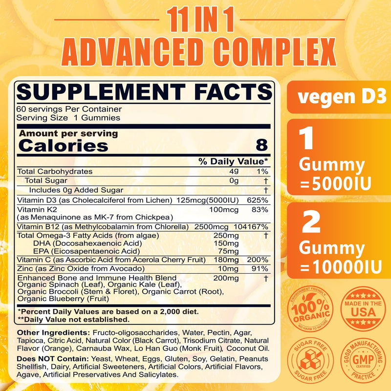 Nextdia Vitamin D3 K2 MK7 Gummies 5000IU with Magnesium Zinc for Adults | Whole-Food Plant-Based with Vitamin C, B12, Omega-3 & 5 Organic Veggies; Bone, Teeth, Energy & Immune Support, Sugar Free 60 Count (Pack of 2)