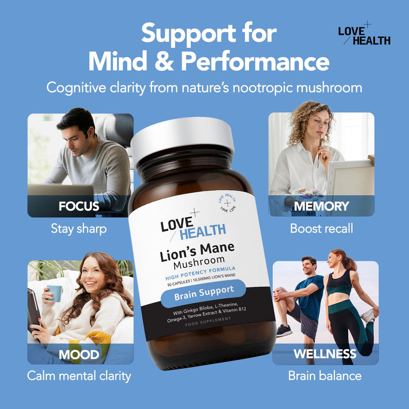 Brain Support Lions Mane Supplement 90Pcs 10,500mg Lions Mane Mushroom Capsules - Brain Health Memory and Focus Supplement with Ginkgo Biloba, L-Theanine, Omega-3, Yarrow & Vitamin B12 Brain Focus - 10,500mg