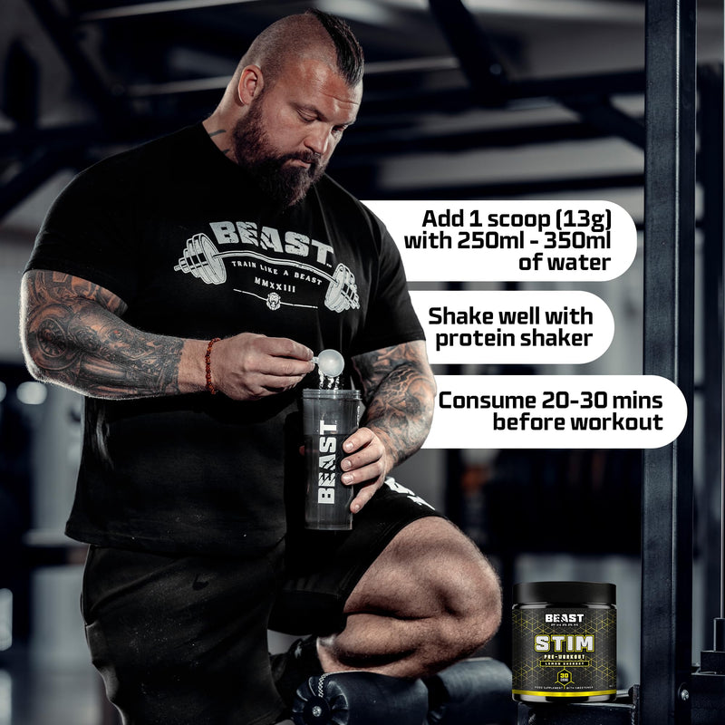 Beast Stim Pre Workout Powder - 30 Servings - Gym Supplements for Men and Women 390g - Beta Alanine Preworkout - Lemon Sherbet