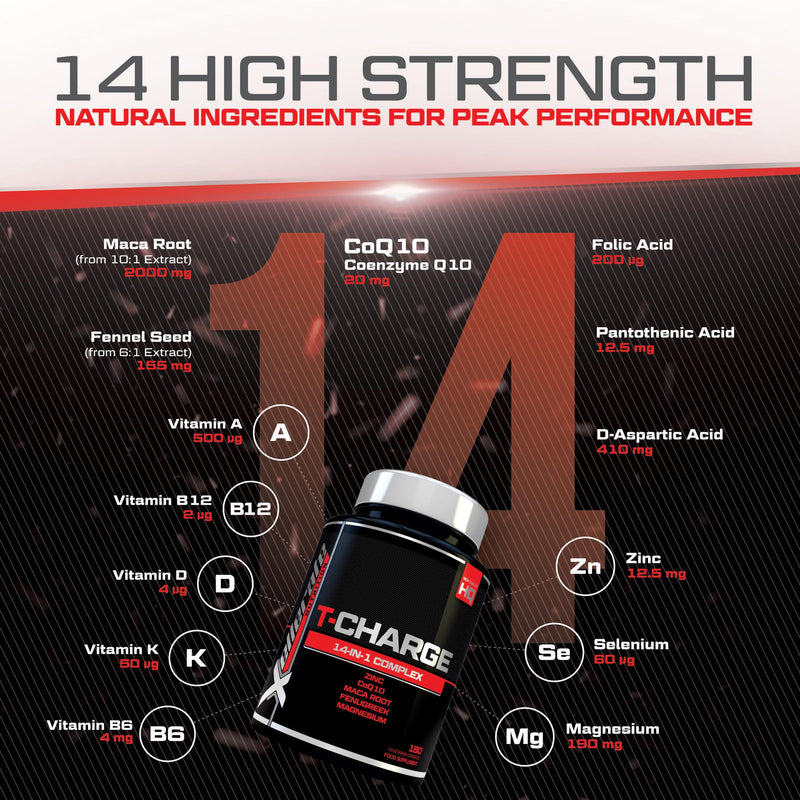 T-Charge for Men Supplement - 180 Vegetarian Capsules - Complex with 14 Active Ingredients Including Zinc, Magnesium & Maca Root - Made in the UK - Xellerate Nutrition