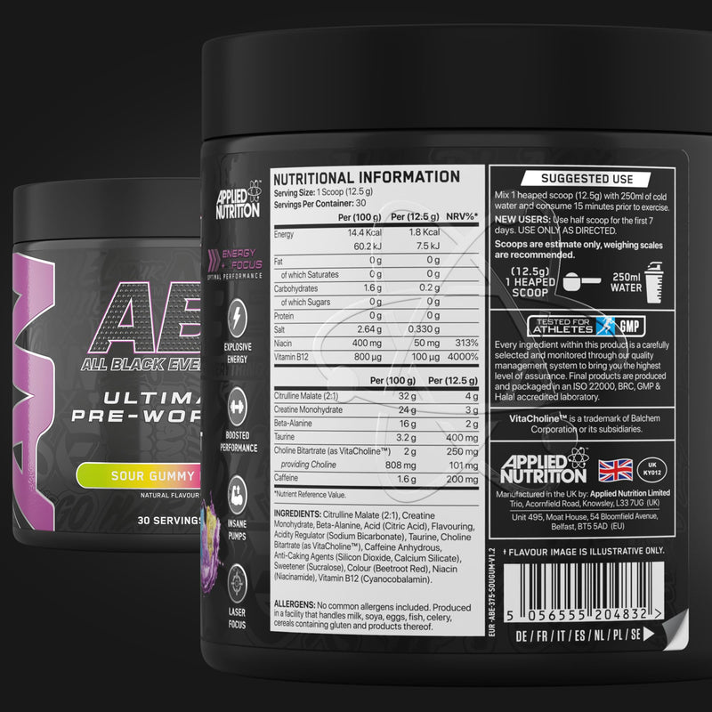 Applied Nutrition Bundle ABE Pre Workout 375g + Electric Shaker | All Black Everything Pre Workout Powder, Energy Drink, Physical Performance, Creatine, Beta Alanine, Caffeine (Sour Gummy Bear) Sour Gummy Bear