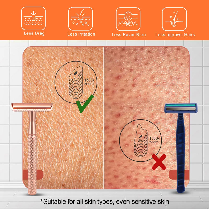 Rose Gold Safety Razor with Stand - Single Blade Razors for Women - Reusable Metal Razor, with 10 Double Edge Blades, Smooth & Close Shave Rose Gold Razor with Stand