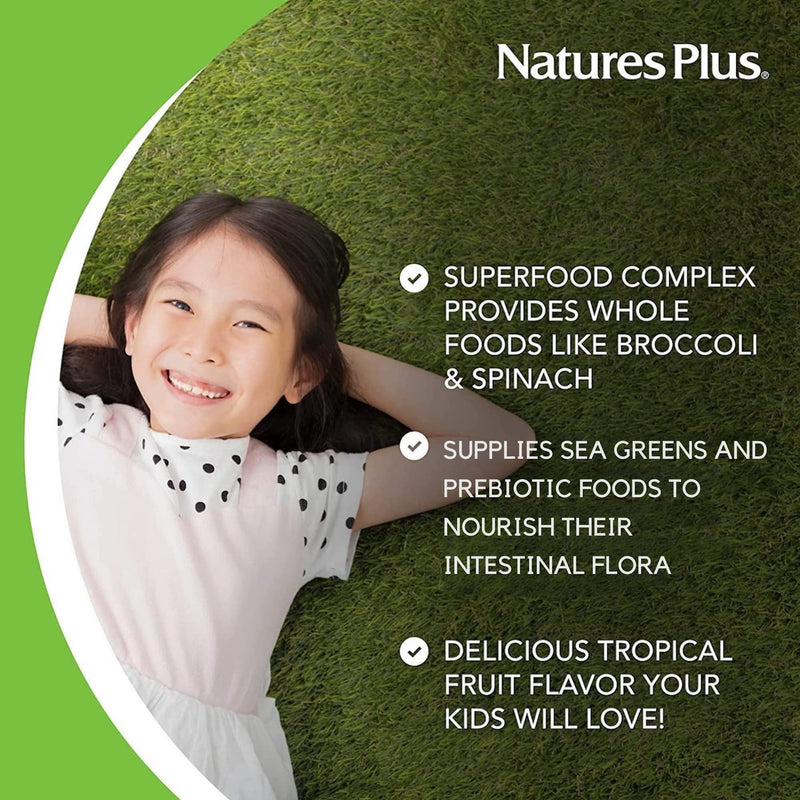 NaturesPlus Animal Parade KidGreenz - Green Superfood Blend for Kids - Tropical Fruit Flavour - Vegan, Gluten Free - 90 Chewable Tablets