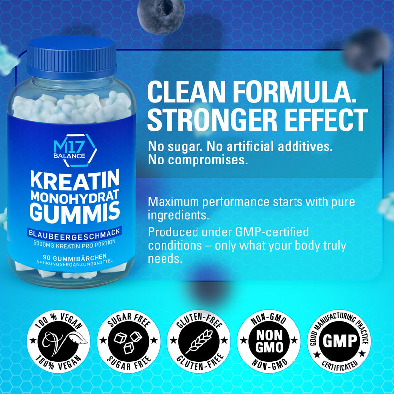 Creatine Monohydrate Gummy Bears - 5000 mg Creatine with BCAAs & L-Carnitine per Dose - for Muscle Building - Sugar Free, Anti-Melt Formula, Vegan, Gluten Free - 30 Servings (90 Count, Blueberry) 90 count (Pack of 1)