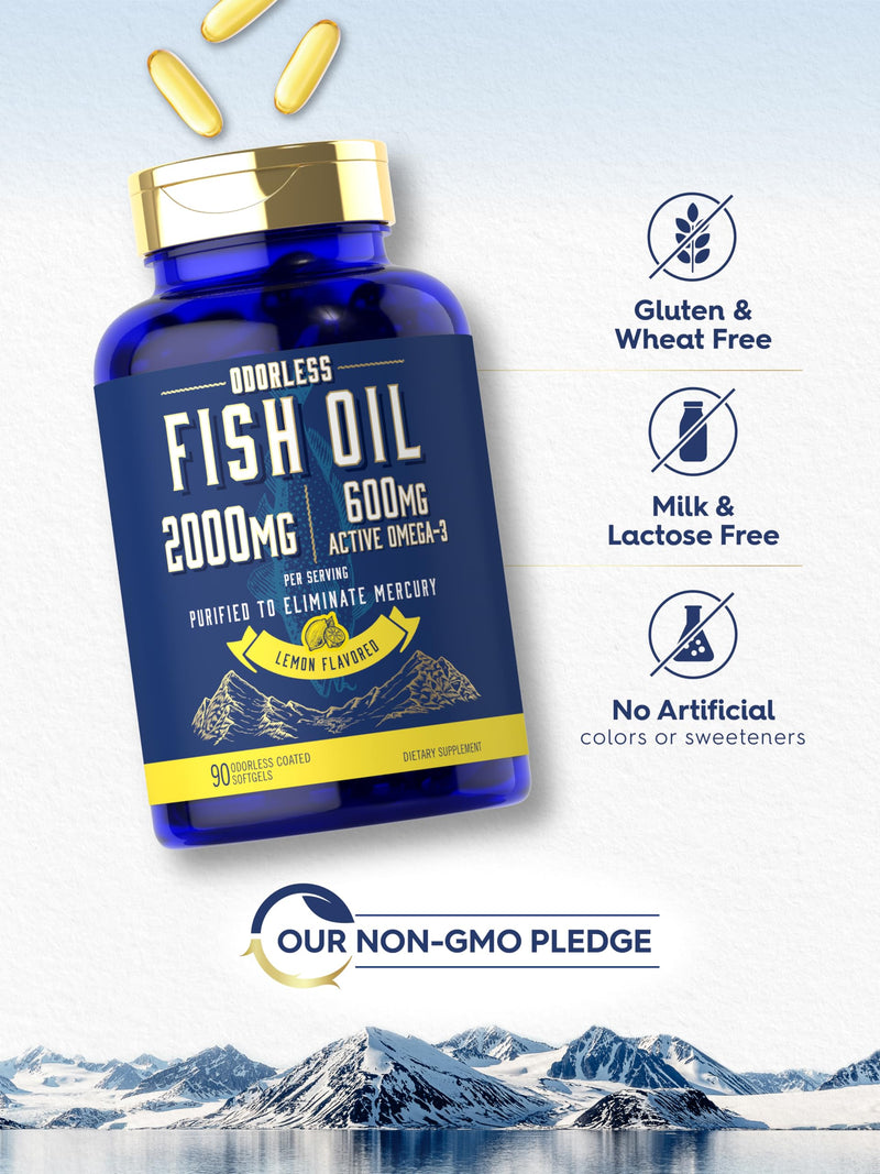 [Australia] - Carlyle Fish Oil 2000mg | 600mg Omega 3 Supplement for Men & Women | 90 Odorless Softgels | Lemon Flavored | Non-GMO and Gluten Free 
