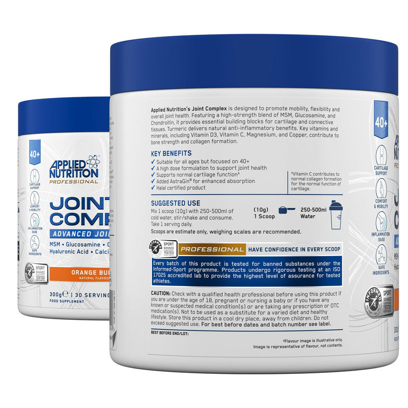 Applied Nutrition Joint Complex for Over 40s | Glucosamine, Chondroitin, MSM, Turmeric, Pea & Hyaluronic Acid | Informed Sport – Orange Burst (300g – 30 Servings)