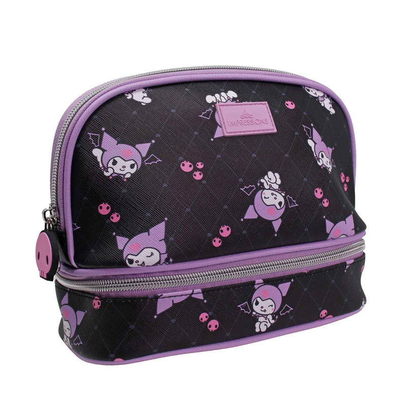 Impressions Vanity Kuromi Bundle Double Layer Travel Makeup Organizer Bag with Slip Pocket and Bottom Compartment, LED Compact Mirror with 3X Magnification, Adjustable Brightness with Figural Design