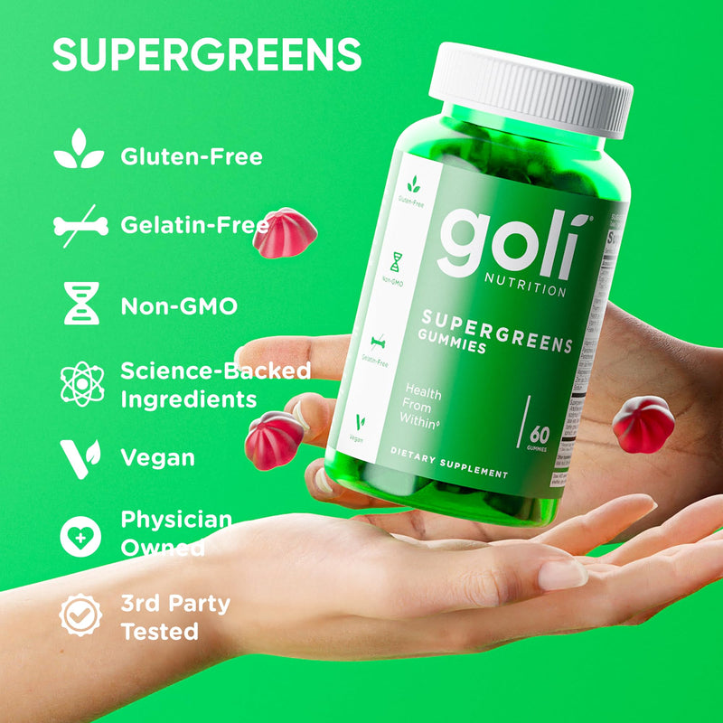 Goli SuperGreen Vitamin Gummy - 180 Count - Essential Vitamins and Minerals - Plant-Based, Vegan, Gluten-Free & Gelatin Free - Health from Within, Pack of 3 mixed berry 180 Count (Pack of 1)