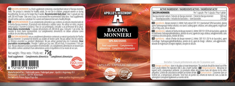 Bacopa Monnieri Extract 500mg, High Strength Brahmi Extract (50% Bacosides), 90 Vegan Capsules, 3 Months Supply, Herbal Supplements for Enhanced Mental Clarity and Focus by Apollo's Hegemony