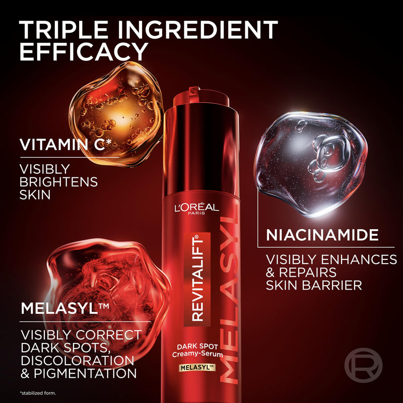L'Oreal Paris Revitalift Triple Power Dark Spot Corrector Creamy-Serum, Hyperpigmentation Treatment With Melasyl, Vitamin C & Niacinamide, Treats Sun Spots, Dark Spots, Aging & Uneven Tone, 1.7 fl oz