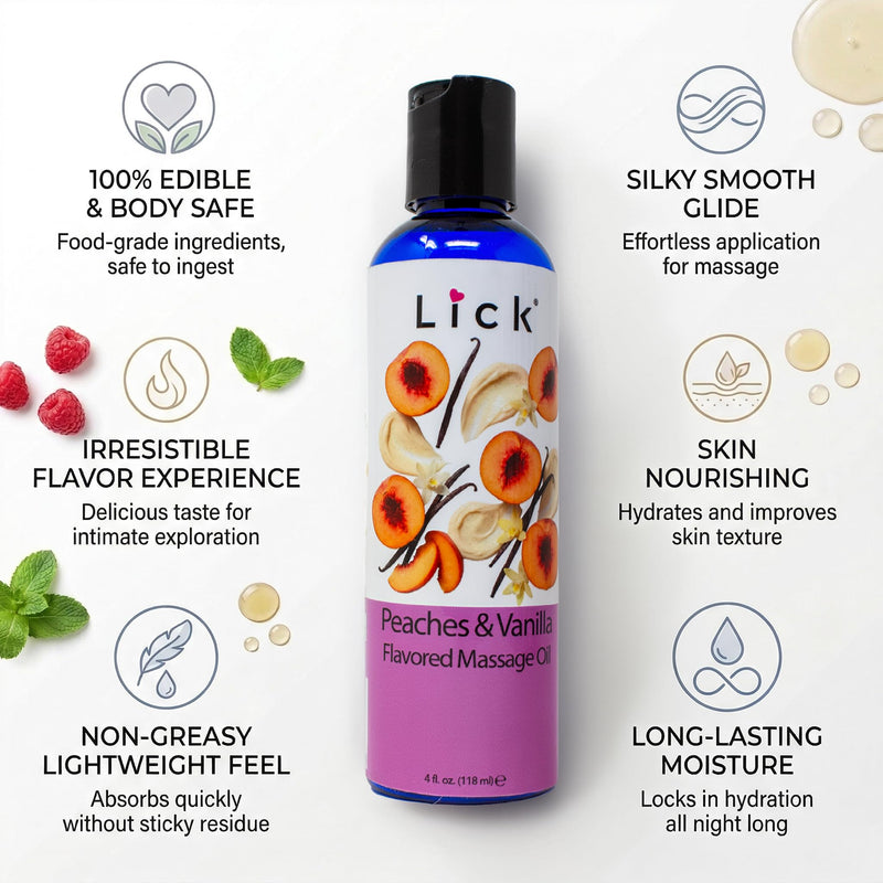 Peaches and Vanilla Flavored Massage Oil – Tropical Edible Massage Oil with Sweet Almond Oil & Vitamin E, Hydrating Body-Safe Formula for Relaxing Couples Massage, 4 oz