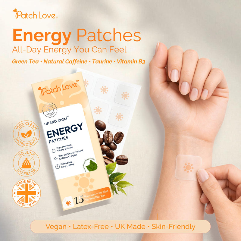 Energy Patches with Caffeine for Daily Energy Support - Wearable Energy Patch with Green Tea, Taurine & B Vitamins - No Crash Energy - Transdermal Daily Patch - Vegan - 15 Patches - Made in UK