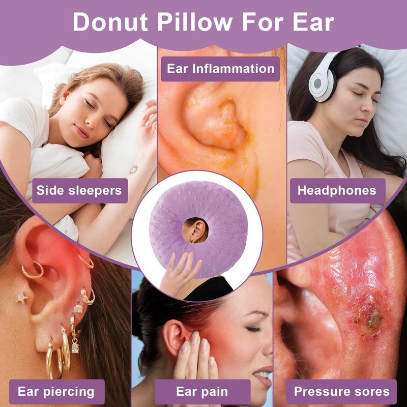 [Australia] - Ear Piercing Pillow, Soft and Comfortable Donut Pillow for Ear, Ear Pillows with Holes for Ear Pain, Piercing, Pain Relief Sleeping, Pressure Sore, Pillow with Ear Hole for Side Sleepers (Purple) Purple 