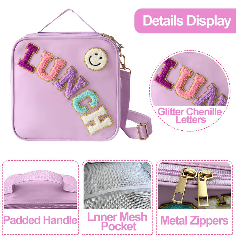 [Australia] - Insulated Lunch Bag With Adjustable Shoulder Strap, Nylon Preppy Lunch Box Large Insulated Lunch Bag Reusable Lunch Tote Bag with Smiley Preppy LunchBag for Girls School Travel Picnic (Purple) Purple 