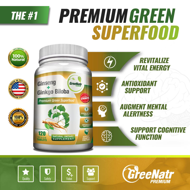 [Australia] - Panax Ginseng + Ginkgo Biloba Tablets - Premium Non-GMO/Veggie Superfood - Traditional Energy Booster and Brain Sharpener (120 Tablets) 120 Count (Pack of 1) 