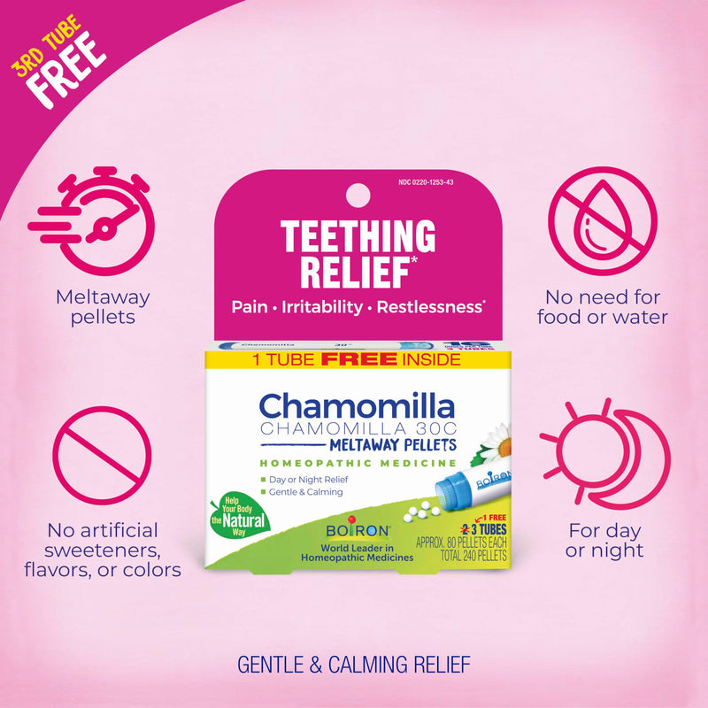 [Australia] - Boiron Chamomilla 30C Homeopathic Medicine for Teething Relief, Pain, Irritability, and Restlessness - 3 Count (240 Pellets) 