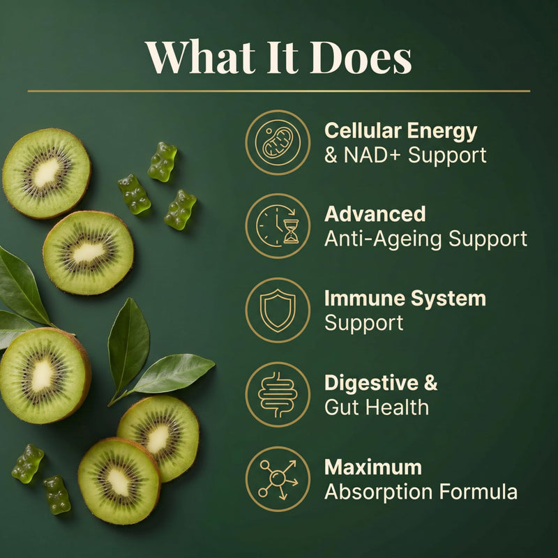 NAD+ Energy Gummies 500mg, NMNH Alternative Complex with Resveratrol, CoQ10, Quercetin, Pterostilbene & Vitamin B Complex, Cellular Energy, Anti Ageing 60 Vegan Kiwi Gummies