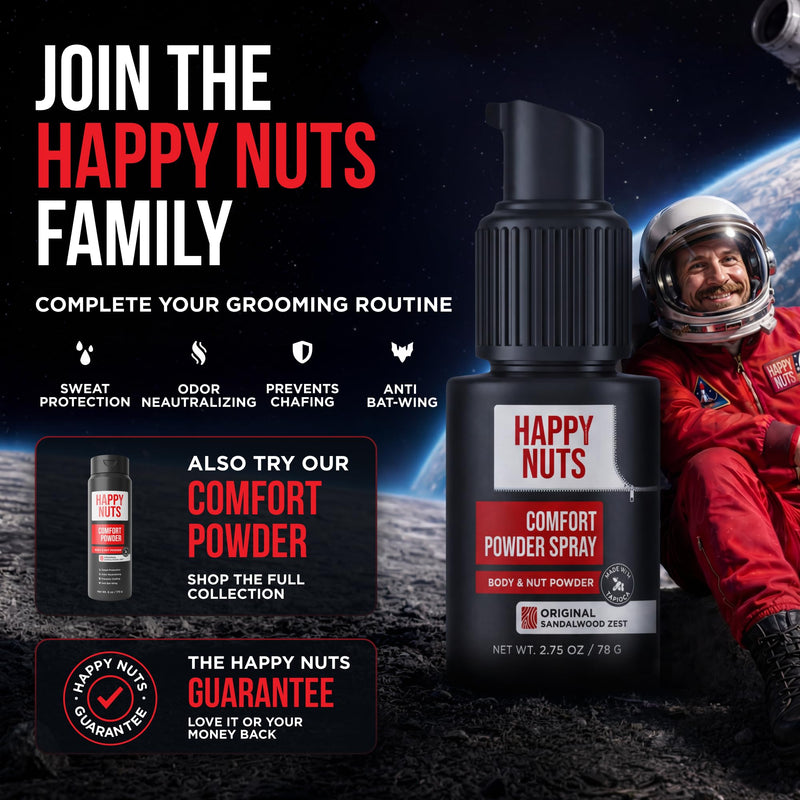 HAPPY NUTS Comfort Powder Spray: Anti Chafing & Mens Deodorant, Aluminum-Free, Sweat and Odor Control for Jock Itch, Groin and Men's Private Parts Original 2.75 Ounce (Pack of 1)