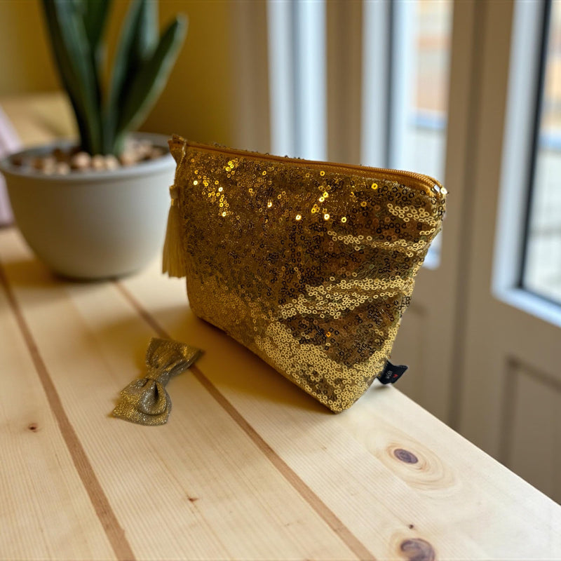 Luxury Handmade Gold Sequin Cosmetic Bag with Tassel, Waterproof Lining, Hair Clip Included
