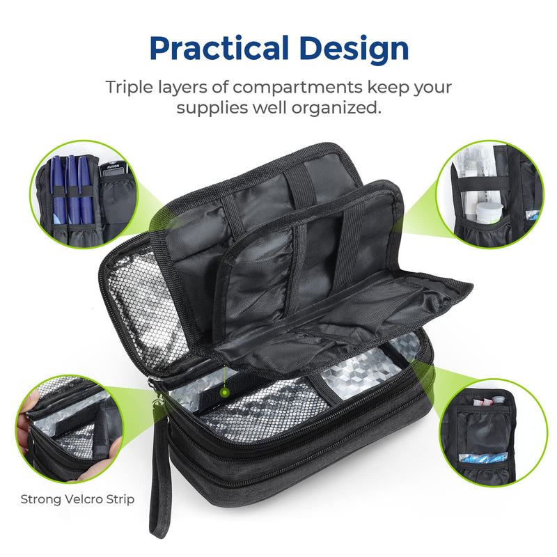 [Australia] - AUVON Insulin Cooler Travel Case, Expandable Insulated Diabetic Bag with 2 * 180g Ice Packs for Double Cooling Time, Portable Medication Cooler Bag for Insulin Pens and Blood Glucose Monitor Supplies Black 