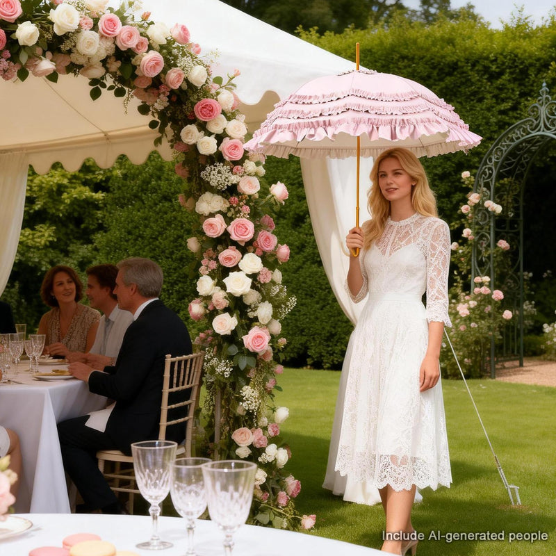 Ruffled Umbrella with Gold Handle, Mint Green and Peach, 34.65 inch Canopy, Decorative Stick Umbrella Pink