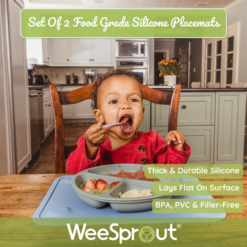 WeeSprout Silicone Suction Placemats for Babies, Toddlers & Kids, Durable Food Grade Silicone with Non-Slip Suction, Dishwasher Safe, for Dining Table & Restaurants + Travel Case, 2 Pack Small Matte Blue, Green