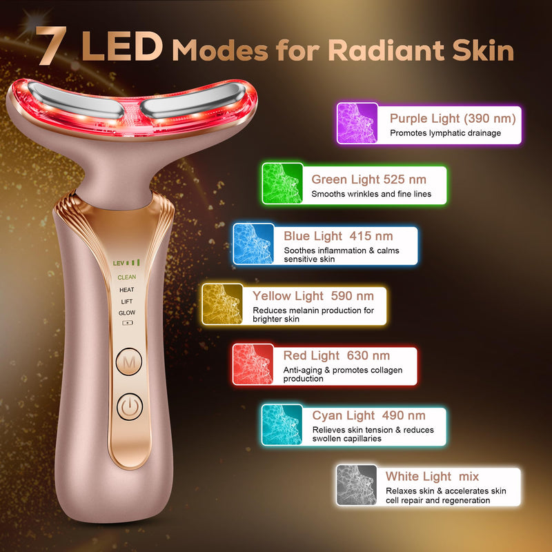Micro 7-in-1 LED Light Therapy Facial Massager – Red Light Therapy for Face and Neck, Double Chin Reducer, 3-Level Vibration, 4 Modes, USB-C Rechargeable Face Massager Tool for Women & Men