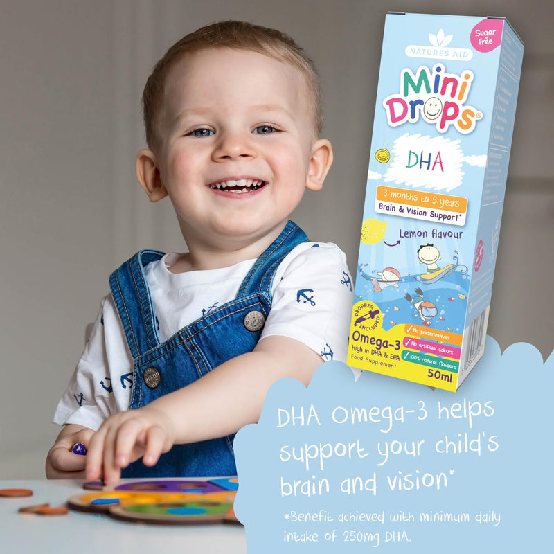 Natures Aid DHA Omega-3 Mini Drops for Babies & Kids 50ml – Supports Brain & Vision Health – Sugar-Free, Vegan, Gluten-Free, Non-GMO – Growth Support for Children Age 0-5 Years Old Dropper Included DHA Omega-3 Liquid Drops 50ml