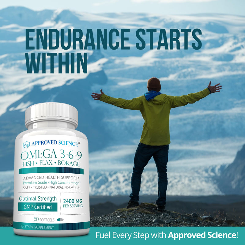 Approved Science Omega 3-6-9-2400mg Daily Blend of Fish, Flaxseed, and Borage Oils with Vitamin E - Wellness Support - Non-GMO, Mercury-Free - 60 Softgels - 1 Month Supply 60 Count (Pack of 1)