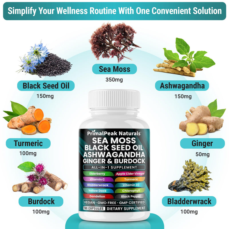 Sea Moss Black Seed Oil Ashwagandha Ginger Burdock Bladderwrack Turmeric & Vitamin C Vitamin D3 with ACV Elderberry Chlorophyll Dandelion Yellow Dock Vegan Capsules - 120 Count 60 Count (Pack of 2)