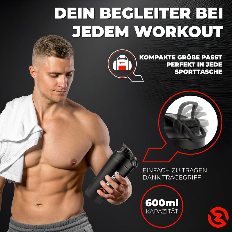 [Australia] - ZENICS ® shaker stainless steel [black, 600 ml] for creamy fitness shakes - durable protein shaker with double-walled stainless steel - protein shaker for gym black 
