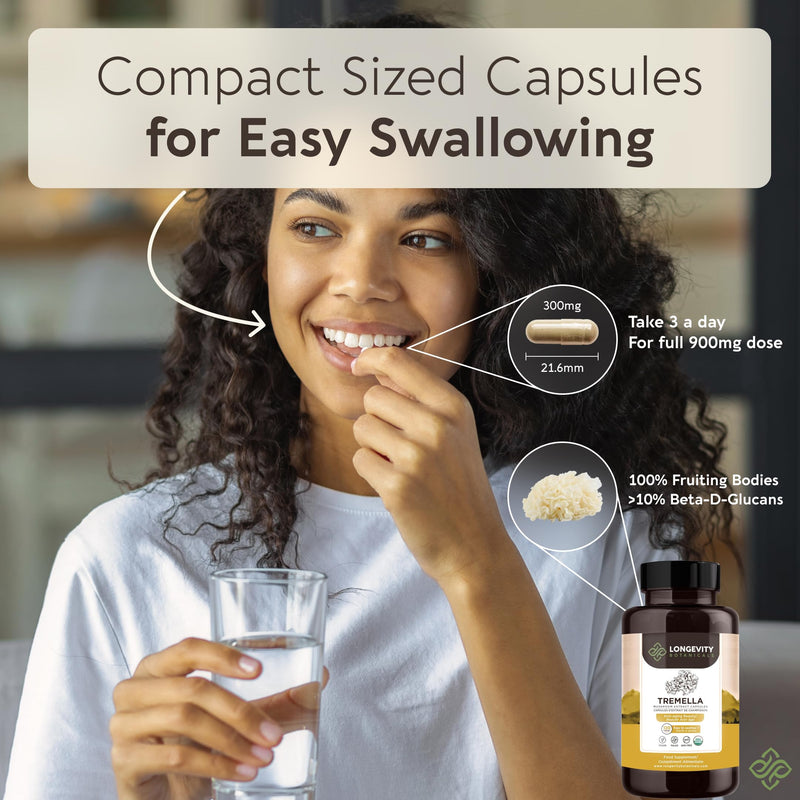 Tremella Mushroom Capsules Supplement (120) | Fruiting Body 10:1 High Strength Snow Fungus Extract | 10% Beta-D Glucans | 9 000mg Raw Equivalent Per Serving | No Fillers | Skin Hair & Brain Support Tremella Capsules 120