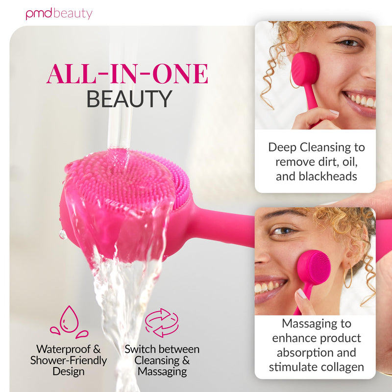 PMD Clean Mini - Smart Facial Cleansing Device with Silicone Brush & Anti-Aging Massager - Waterproof - SonicGlow Vibration Technology - Clear Pores and Blackheads - Lift, Firm, and Tone Skin Pink