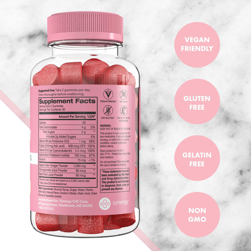 Flat Tummy Apple Cider Vinegar Gummies, 60 Count – ACV Gummies, Detox, Support Gut Health – Vegan-Friendly, Non-GMO - Beet and Pomegranate Superfood Powders, Vitamins B6, B9 & B12 60 Count (Pack of 1)