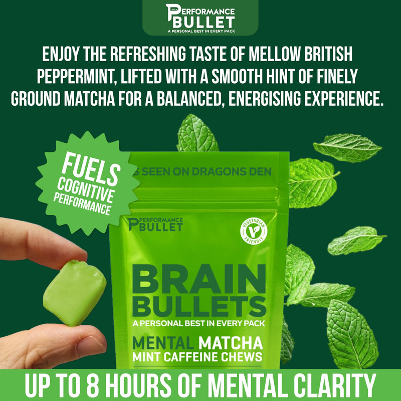 160mg L-Theanine + 80mg Caffeine Chews – Mint Matcha Flavour, Increases Productivity, Mental Clarity, Alertness | 1 Bag - 40 Servings | Brain Bullet | Energy Gum & Focus Gummy Upgrade 1 Bag - 40 Chews