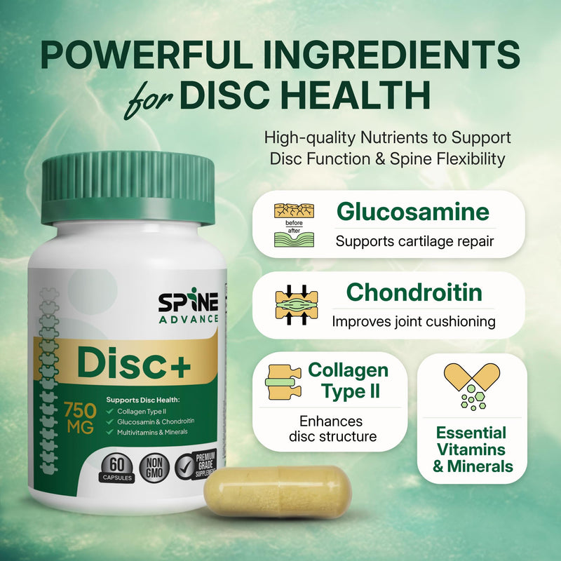 Disc+ Spinal Health Supplement - Glucosamine, Chondroitin, Collagen, Vitamins & Trace Minerals – Supports Healthy Spinal Discs and Back - 60 Capsules - 100% Natural Ingredients Disc Plus