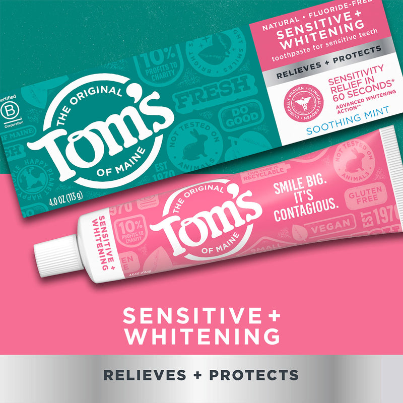 [Australia] - Tom's of Maine Sensitive + Whitening Fluoride Free Toothpaste,Soothing Mint 4.0 oz 3-Pack 4 Ounce (Pack of 3) 