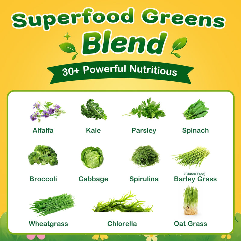Greens Daily Gummies for Kids, Super Greens Gummies Kids Superfood Multivitamin Gummies with Fruits & Veggies, Alfalfa, Spirulina, Chlorella, Adaptogens, Prebiotic Fiber for Digestive Health, 90 Count