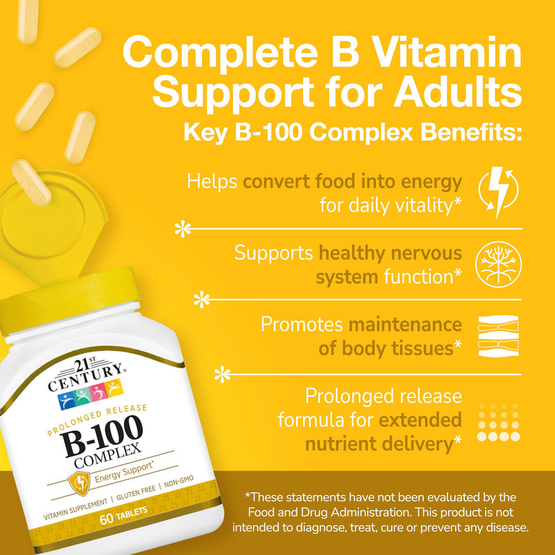 21st Century B-100 Complex Prolonged Release Tablets, Energy, 60 Count | High-Potency B-100 Complex with B1, B2, B6, B12, Biotin & Folic Acid, Energy Metabolism & Nervous System Support, Gluten Free 60 Count (Pack of 1)